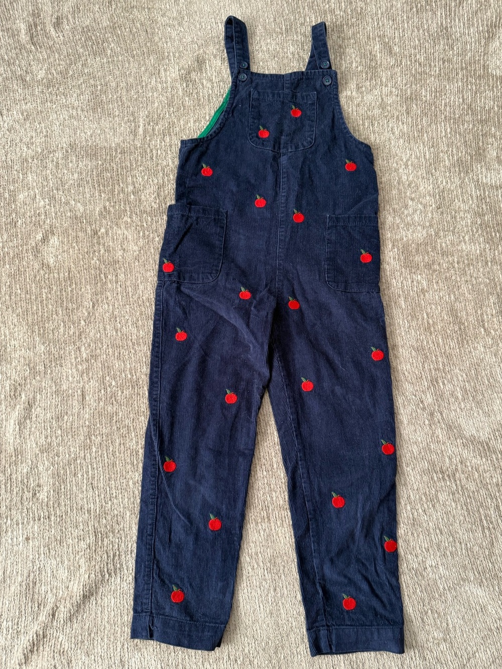 Mini Boden Girls Navy Corduroy Apple Embroidered Overalls Dungarees 6-7Y